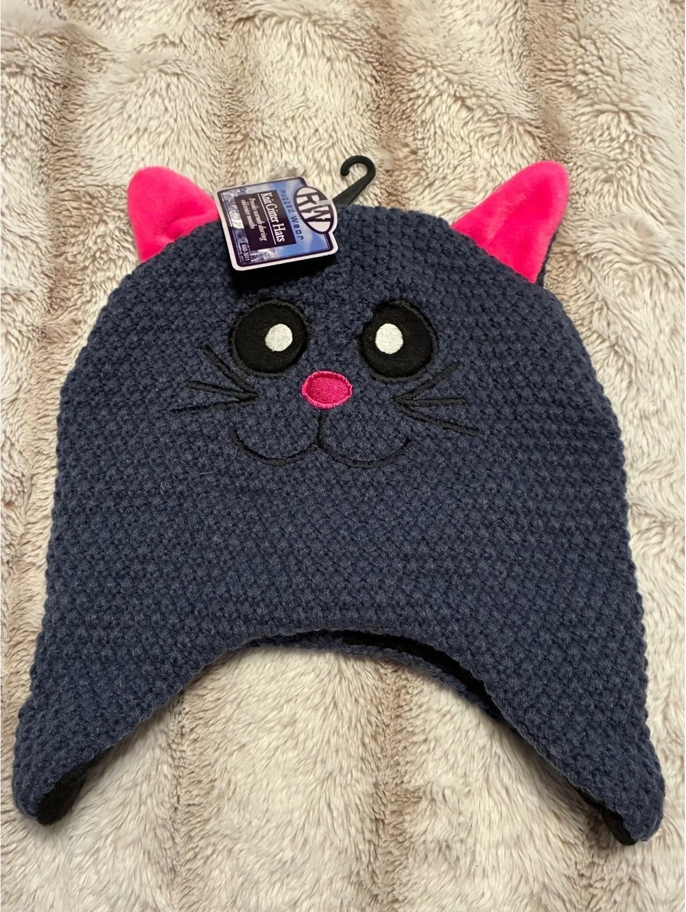NWT Rugged Wear Knit Critter Black Cat Earflap Beanie Hat